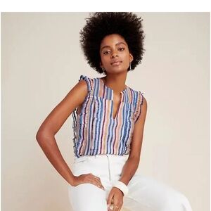 New Anthropologie Maeve Elisabetta Ruffled Holiday Striped Lined Sheer Tank 8